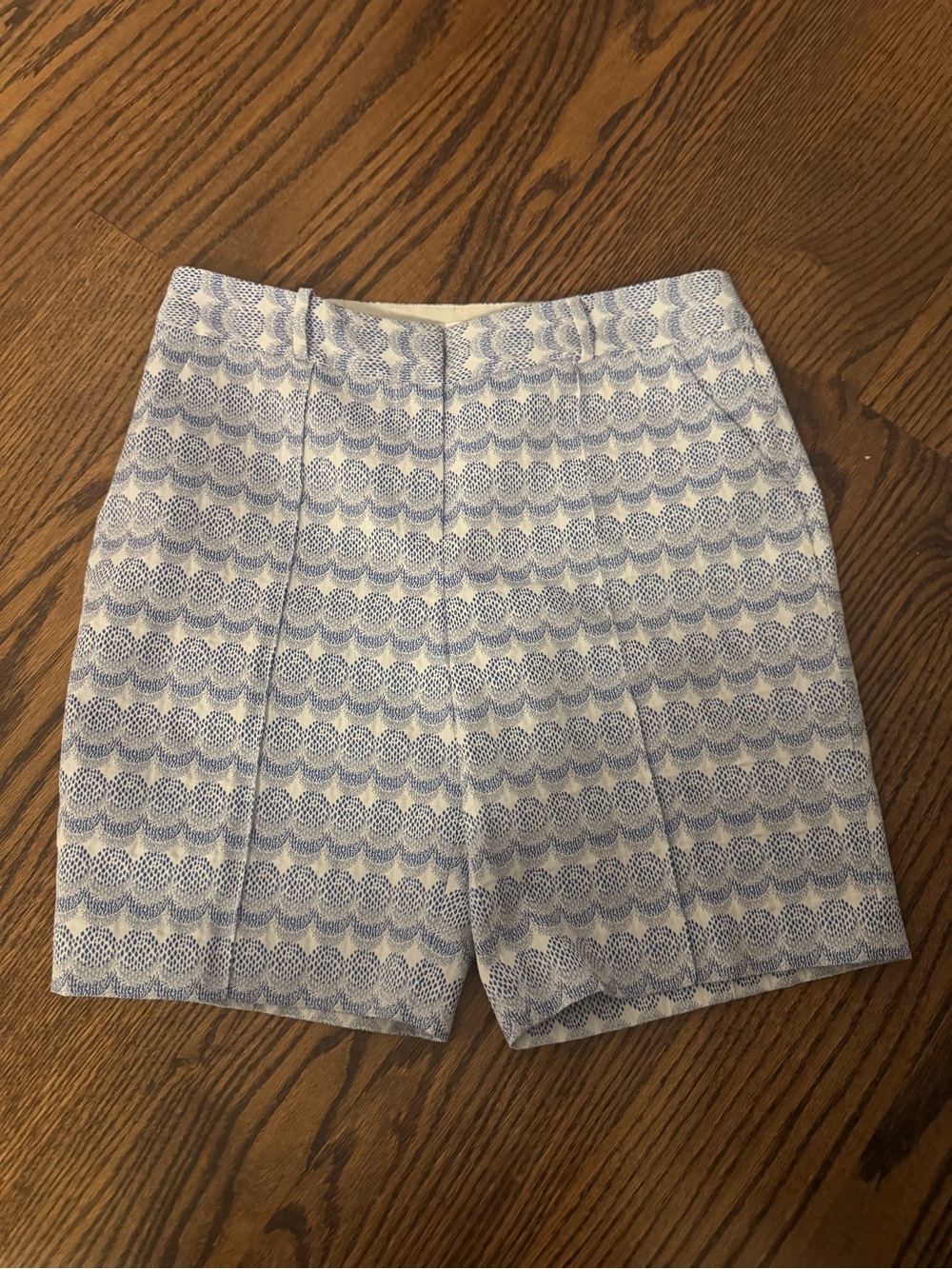 Diane Von Furstenberg White and Light Blue Patterned Flat Front Silk Shorts